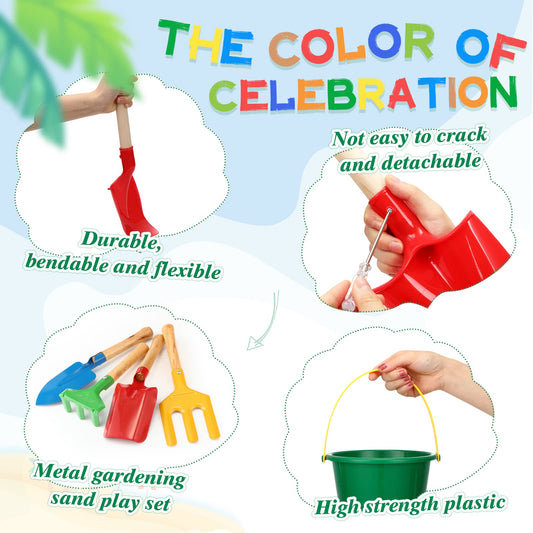 Jexine 12 Pcs Sand Buckets and Shovels for Kids Beach Sand Toys Bulk 12 Plastic Beach Buckets and 12 22 Inches Gardening Shovel with Wooden Handle Summer Toys for Boys and Girls, 4 Colors