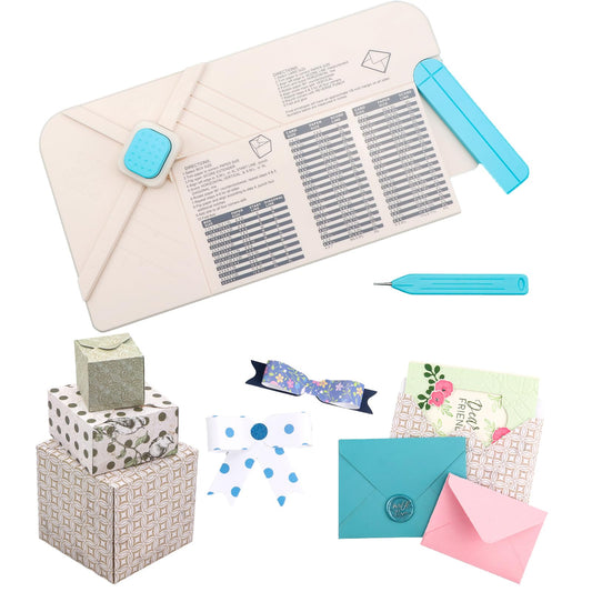 BAOFALI 3-in-1 Punch Board for Envelopes Gift Boxes Bows with Indentation Pen for Creating Custom Envelopes, Bows, and Gift Boxes Birthday Party of Different Sizes. Card Making and DIY Projects