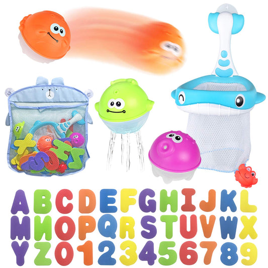 Bath Toy Sets, 36 Foam Bath Letters and Numbers, Floating Squirts Animal Toys Set with Fishing Net and Organizer Bag, Fish Catching Game for Babies Infants Toddlers Bathtub Time