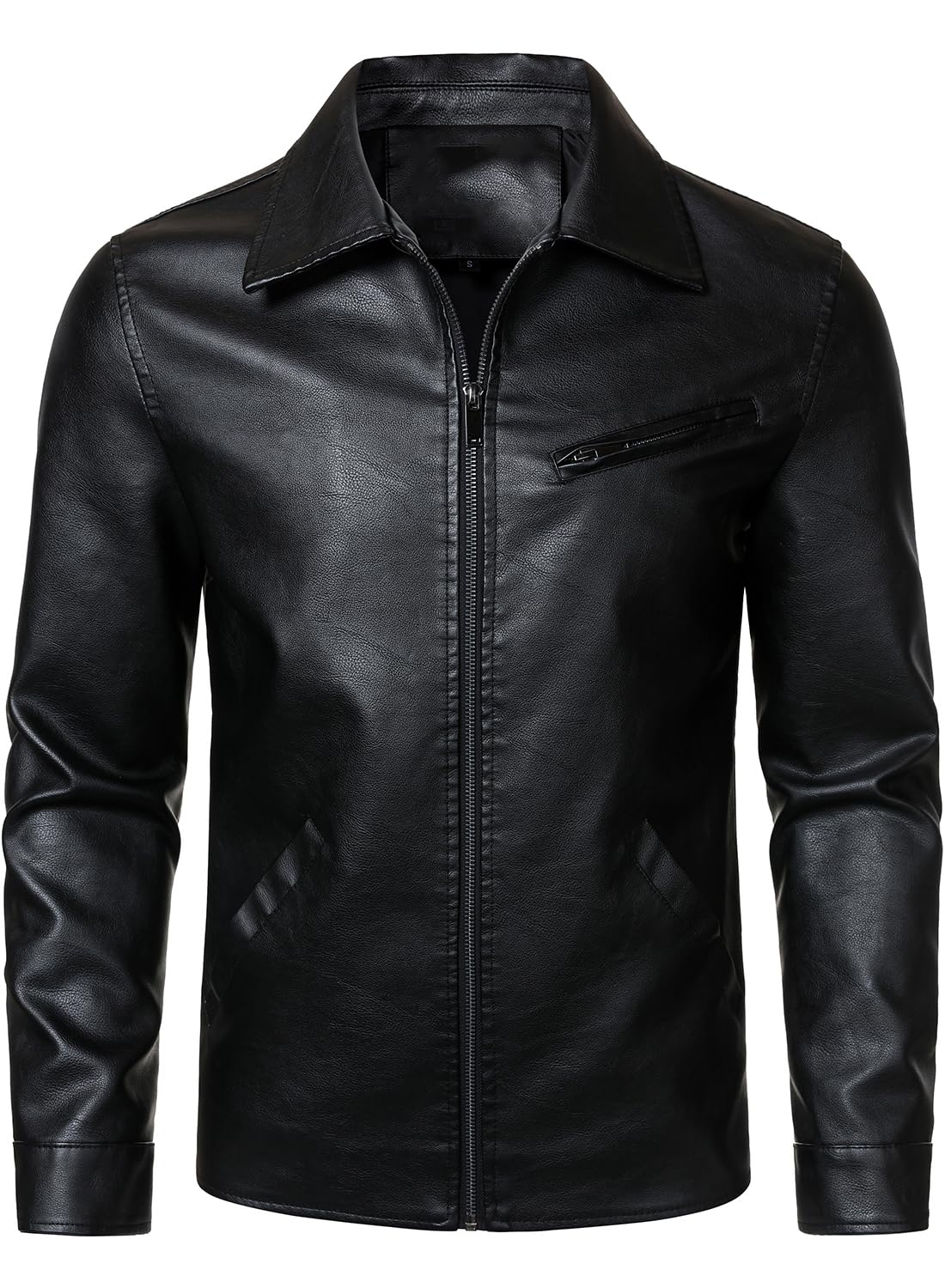 HOOD CREW Men’s Classic Faux Leather Jackets Turn Down Collar Leather Coat Lightweight Outerwear Biker Jacket Black M