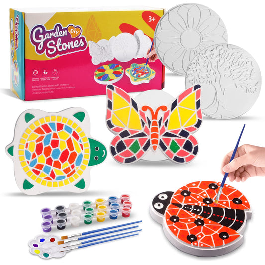 Weilim Paint Your Own Stepping Stones 5-Pack for Kids, Boys & Girls Ages 3-12, Butterfly, Turtle, Flower, Tree & Ladybug DIY Outdoor Garden Art & Craft Ceramic Painting Set Easter