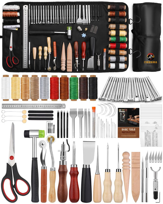 QMNNMA 102PCS Leather Working Tools Leather Crafting Kit with Custom Storage Bag, Stamping Tools for Sewing, Carving, Cutting, Punching, Stamping