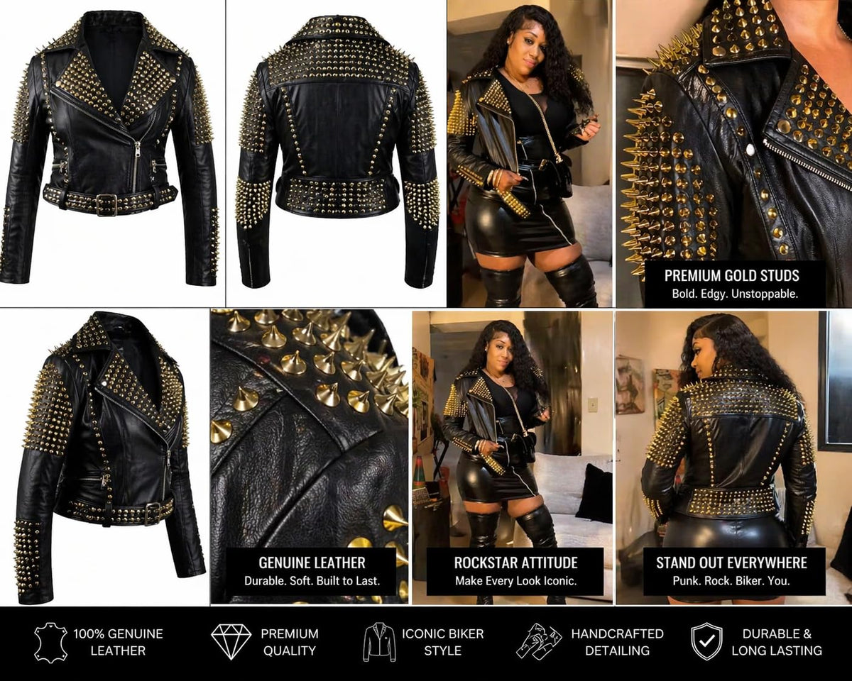 SpazeUp Women’s Black Studded Leather Jacket Gold Spike Punk Biker Jacket