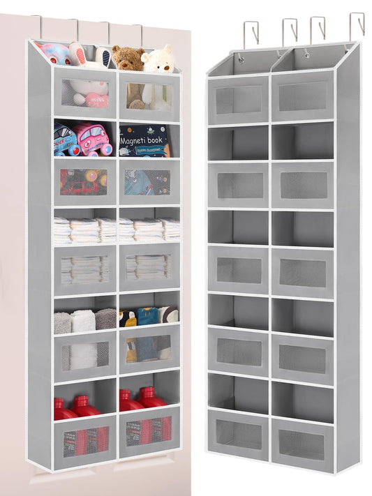 Over the Door Organizer Hanging- 10 Compartments, 80 lbs Load Behind Door Stuffed Animal Storage, Extra Large Toys Storage Organization for Bedroom, Bathroom, Closet, Nursery, Shoes, Diaper (grey)
