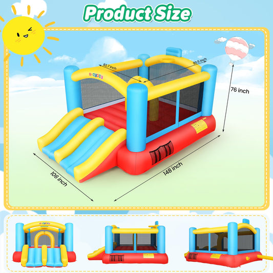 WHUBEFY Bounce House,Inflatable Bounce House for Kids with Blower Included,Indoor/Outdoor Playhouse Kids Bouncy House for Backyard,Jumping Castle with 2 Slides,Jumping Area (Inflatable Bounce House)