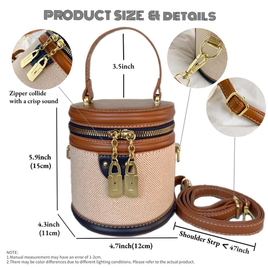 QsicTaco Retro Bucket Bag Color Contrast Cylinder Purse Senior Sense Style Single Shoulder Crossbody Handbag with Zipper (Brown)