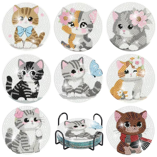 cupmod 8PCS Cute Cat Diamond Painting Coasters Kit with Holder,Cat Diamond Art Coaster,DIY Crafts Diamond Art Kits for Adults Home Decor