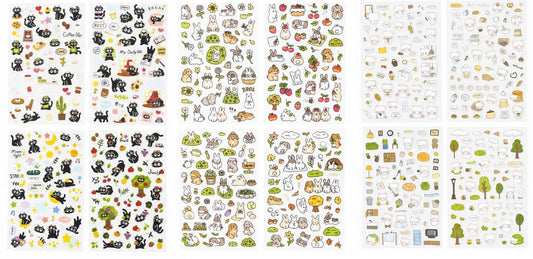K-Style Cute Animal Sticker Variety Pack (4 Sheets x 3 Themes, 12 Sheets Total) - Rabbit, Black Cat, Blush Bear - Made in Korea Deco Stickers for Journaling, Planner, DIY Crafts, Gifts