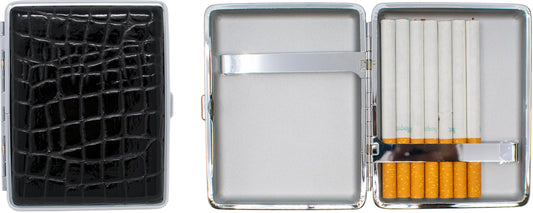 Set of 2 Metal-Plated 100s Leather Cigarette Case & Stash Box (Crocodile Black)