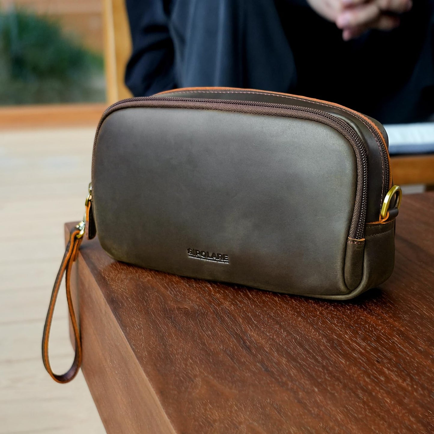 Polare Full Grain Leather Travel Electronics Organizer Case Cable Storage Carry Bag with YKK Zippers Tech Pouch for Cord, Phone, Cables, USB, SD Card, Travel Essentials