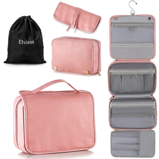 Elviros Hanging Travel Toiletry Bag for Women, 3-in-1 Large Makeup Bag and Cosmetic Organizer, Vegan Leather Waterproof Skincare Case for Travel Size Toiletries and Accessories, Gift for Women