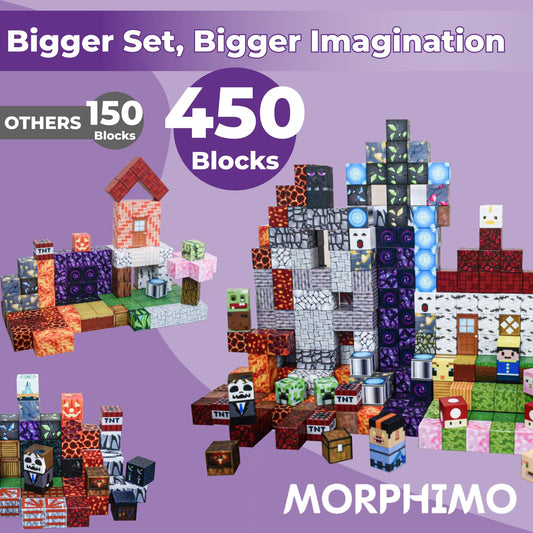 MORPHIMO 450 PCS Magnetic Building Blocks Set - Big STEM & Sensory Toy for Kids - Stacking Magnets - Instruction Book & Fabric Storage Bag - Shared Play Toy for Siblings & Friends