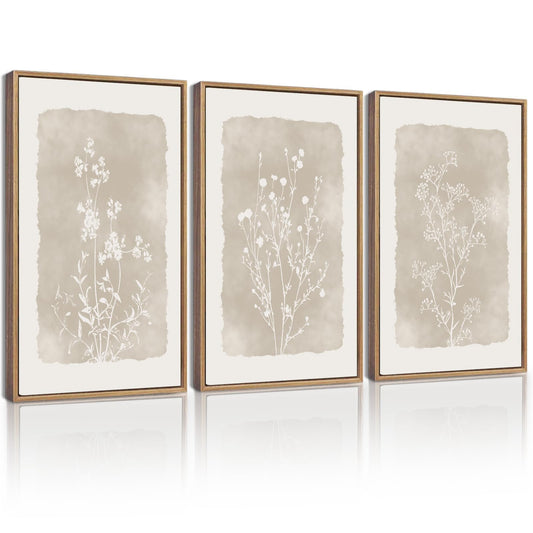 KUVIOKE Boho Botanical Flower Wall Art Framed Vintage Floral Wall Prints Wildflower Neutral Rustic Bohemain Artwork Kitchen Bedroom Decor 11x14in (Natural Framed)