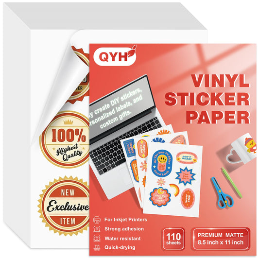 QYH Printable Vinyl Sticker Paper for Inkjet Printers - 110 Sheets, 8.5"x11" Matte Waterproof Sticker Paper - Vibrant, Smudge-Proof for DIY Crafts & Office Labels