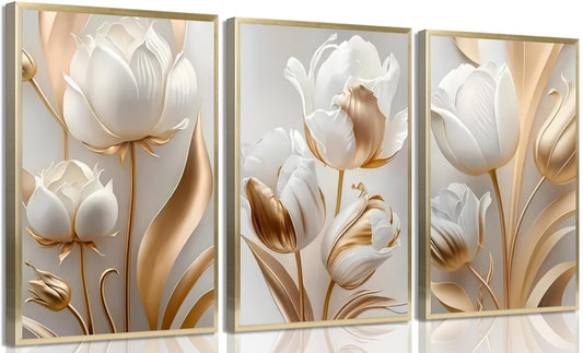 3Pcs Vintage Minimalist Floral Wall Art White Gold Abstract flowers Wall Decor Pictures Modern Luxury Poster Prints tulip Plants Painting Artwork for Office Home Decoration 12x16in