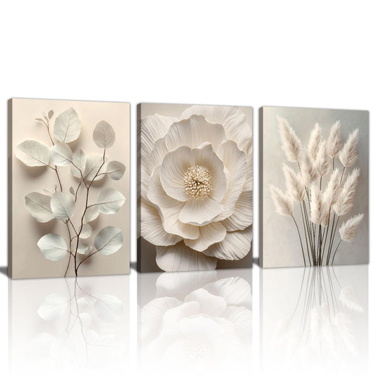 3Pcs Beige Floral Botanical Frame Canvas Wall Art, Neutral Textured Flower Plant Wall Painting Picture Wall Decor Vintage Blossom Posters Prints for Bedroom Living Room Reay to Hang 12"x16"x3Pcs