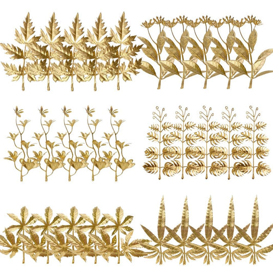 Ohsail 30PCS Mixed Mini Artificial Leaves 6 Types Golden Leaves 5in Fake Gold Plants Flowers for Wedding Party Table Decorations DIY Wreath Crafts Christmas Tree Filler