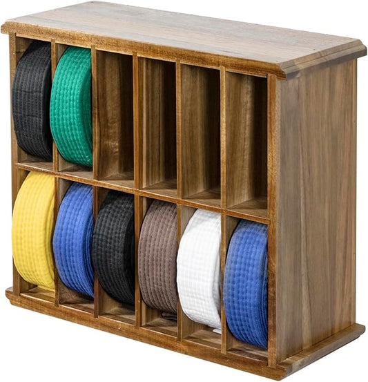 MyGift 12 Compartment Rustic Burnt Solid Wood Wall Mounted Dual Display Martial Arts Belt Holder with Top Trophy Storage Shelf in Horizontal or Vertical Mount