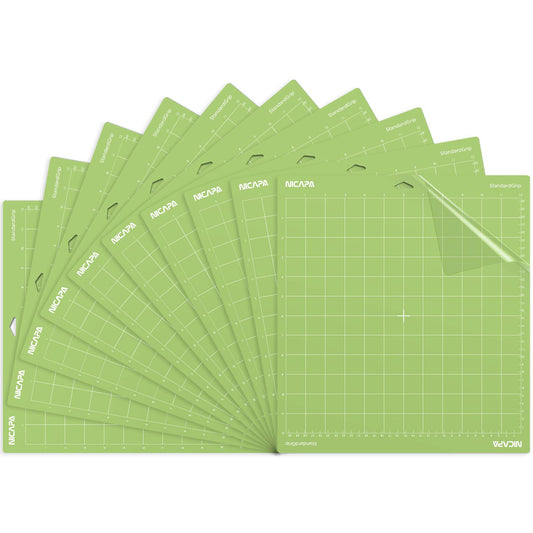 NICAPA StandardGrip Cutting Mat for Cricut, 12x12 inch, 10 Pack, Green, Paper, StandardGrip, Cutting Board, Crafting