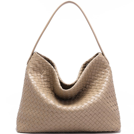 Woven Tote Womens Shoulder Handbags: Vegan Leather Crossbody Bag - Elegant Satchel Purse for Travel - Daily Bucket Bags (Khaki)