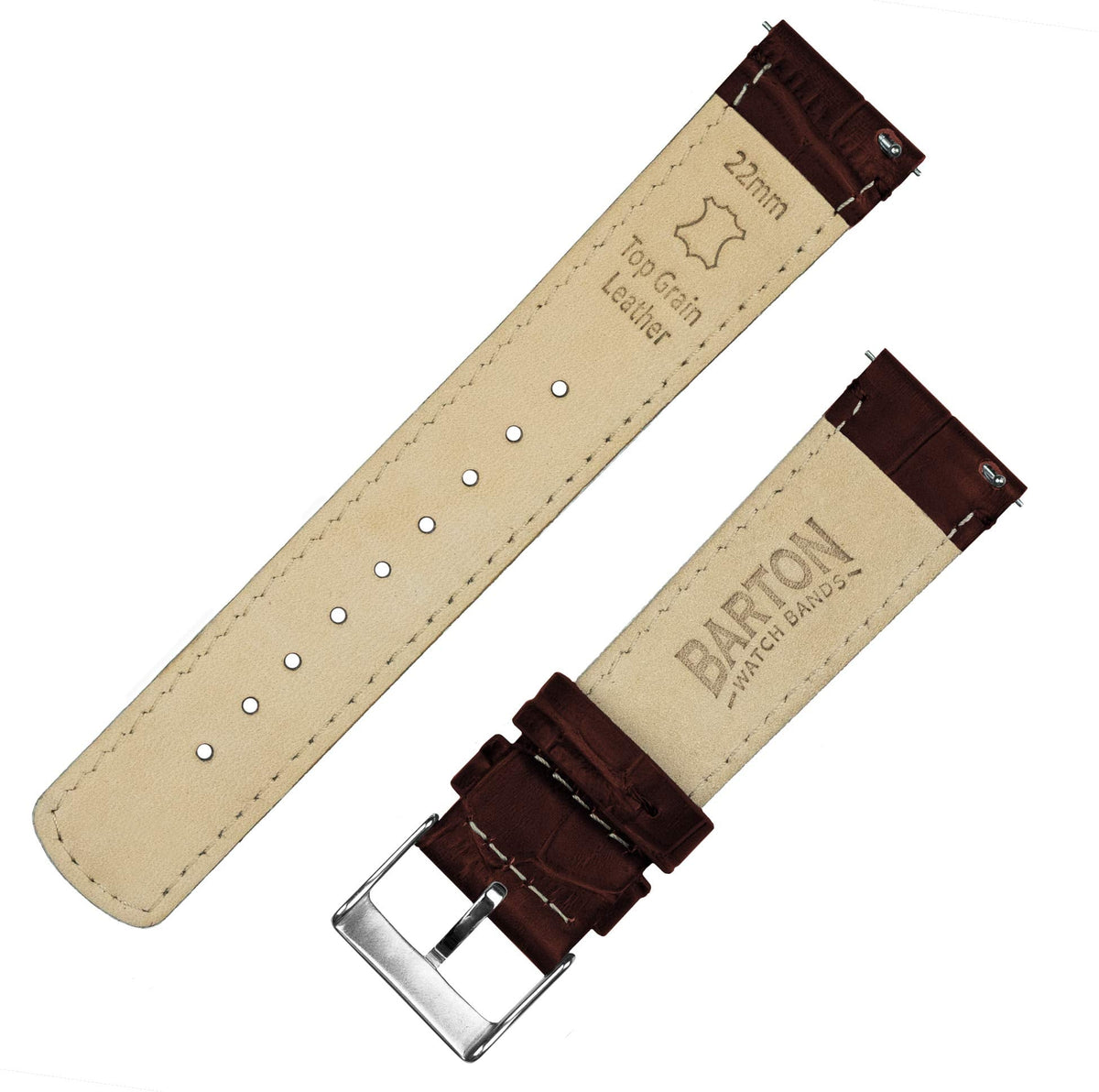 BARTON WATCH BANDS Alligator Grain - Quick Release Leather Watch Bands, Standard Length, Coffee Brown & Stainless Steel Buckle, 20mm