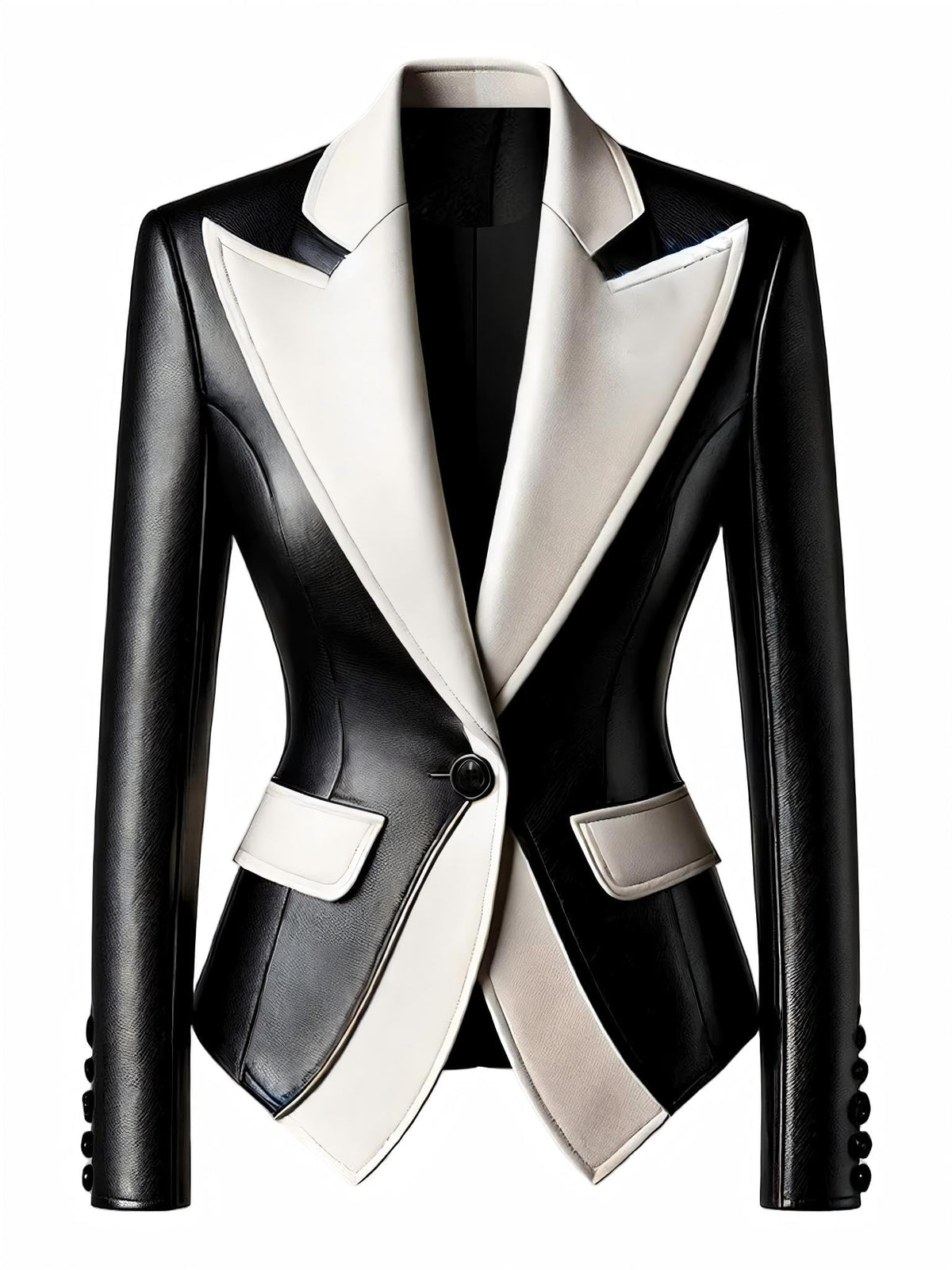 SS-Sunrise Fashion Women's PU Faux Leather Blazer, Black and White Color Block, Single Button, Notched Lapel, Small