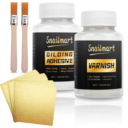 Snailmart Gold Leaf Kit, 100ml Water-Based Metal Leaf Glue and 100ml Protective Varnish, Gold Leaf Sheets 100 pcs, 2 Brushes, for Craft, Painting and Arts