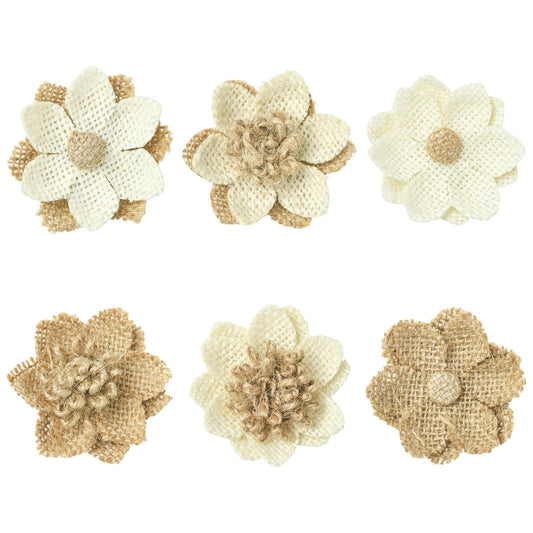 LiQunSweet 24 Pcs 6 Styles Handmade Natural Burlap 3D Fabric Flowers Burlap Rustic Ornament Accessories for Hat DIY Handmade Crafts Home Embellishment Wedding Party Decoration