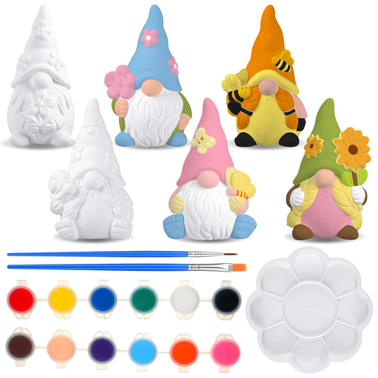 Poen 6 Sets Ready to Paint Your Own Ceramic Gnome Statues Spring DIY Unpainted Ceramics Gnome Figurines Kit Spring Crafts Gifts Drawing Figurines DIY Art and Craft with Brush Palette Paint for Adult
