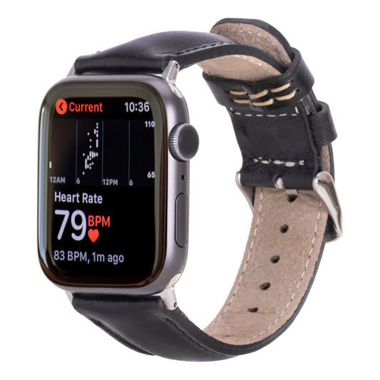 benvato Premium Handmade Leather Watch Band for Apple Watch SE 3 2 1 & Series 11 10 9 8 7 6 5 4 3 2 1 fits 42mm 41mm 40mm 38mm (Black w/Silver Connector&Clasp)