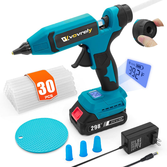 VOVRELY 110W Cordless Hot Glue Gun, Temp Adjust Fast Preheating, 21V Glue Gun Kit with 30 Pcs Full Size Glue Sticks and Battery, Heavy Duty Hot Glue Gun for Arts & Crafts, DIY Projects and Repairs