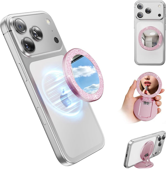 Blissfuhue 17/16/15/14 Portable Double-Sided Magnetic Phone Holder with Mirror, for Magnetic Phone GripFoldable