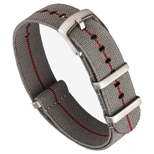 Benchmark Basics Elastic Watch Band - Parachute Nylon One-Piece Military Style Watch Straps for Men & Women - Choice of Color & Width - 20mm or 22mm (20mm, Grey/Red)