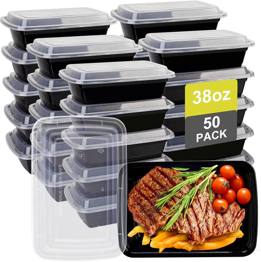 kkyvvy Meal Prep Containers 38oz 50 Pack Plastic To Go Food Containers, Disposable To Go Containers with Lids BPA Free, Microwave/Dishwasher/Freezer Safe