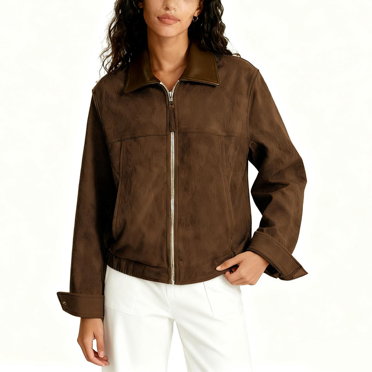Zoziiee Women's Faux Suede Cropped Jacket Contrast Collar Zip Up Utility Barn Coat Trendy Fall Outwear(Coffee,M)