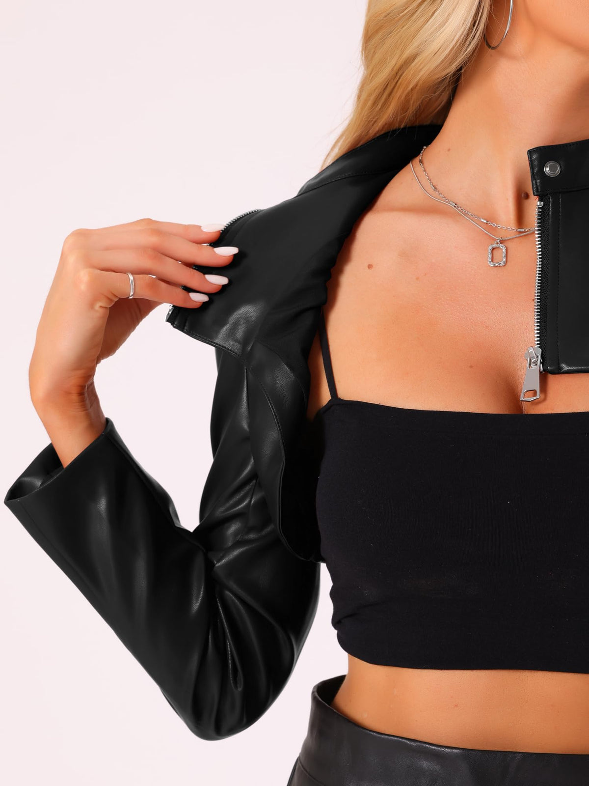 Allegra K Women's Faux Leather Cropped Top Stand Collar Zipper Front Moto Biker Long Sleeve Jacket Coat Medium Black