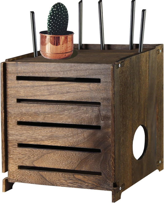 Yemotopro Wooden WiFi Router Storage Box Charcoal Retro Wood Router Hider Box Modem Store Boxes, Double-Layers WiFi