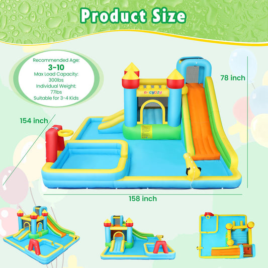 AKEYDIY Water Slide,Outdoor Inflatable Water Slide for Kids,Water Bounce House with Deep Splash Pool,Dual Slide,Big Bounce Area,Water Cannon&Basketball Hoop,Bouncy Castle with 550W Blower for Backyard