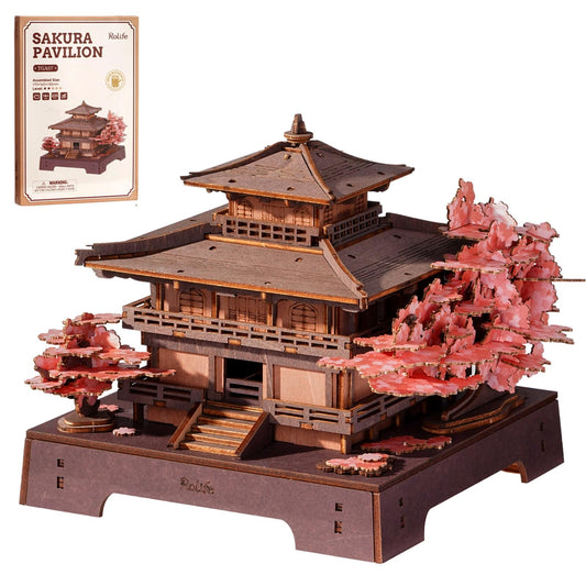 Rolife 3D Wooden Puzzle Sakura Pavilion, DIY Japanese Architecture Model & Miniature House Building Kit for Adults, 235PCS Wood Craft Puzzle, Cherry Blossom Home Decor for Teens and Adults