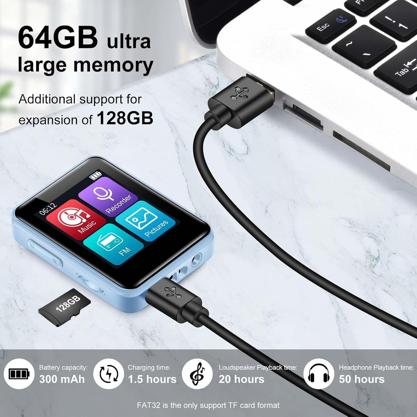 woolynew 64GB MP3 1.8 inch 512GB, Player, Bluetooth Music Player, Portable High Fidelity Lossless Music Player