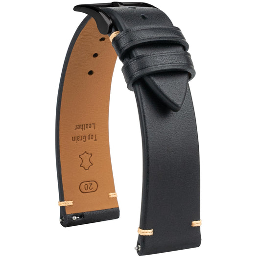 Gomvadr Handmade Slim Vintage Top Grain Leather Watch Strap, Quick Release, 18 mm/19 mm/20 mm/21 mm/22 mm, Silver/Black Buckle, Tan/Brown/Blue/Black/Coffee, Unisex for Men Women (Black with Black Buckle, 20mm)