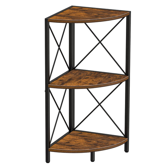 Snughome Corner Shelf with Metal Frame, 3 Tier Rustic Corner Storage Organizer, Freestanding Corner Bookshelf Stand Display Rack for Kitchen, Living Room
