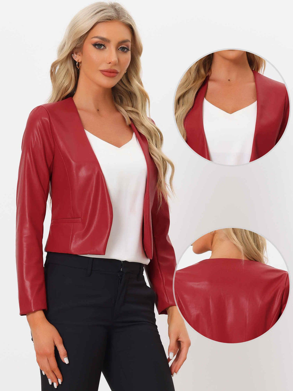 Allegra K Women Faux Collarless Open Front Crop PU Leather Moto Jacket