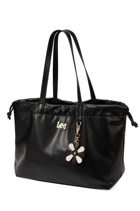 Lee Leather Tote Bag for Women, Spacious Vegan Leather Shoulder Bag & Handbag with Drawstring Closure, Durable Shoulder Straps, Large Capacity Work & Travel Purse, LEE73-001BK