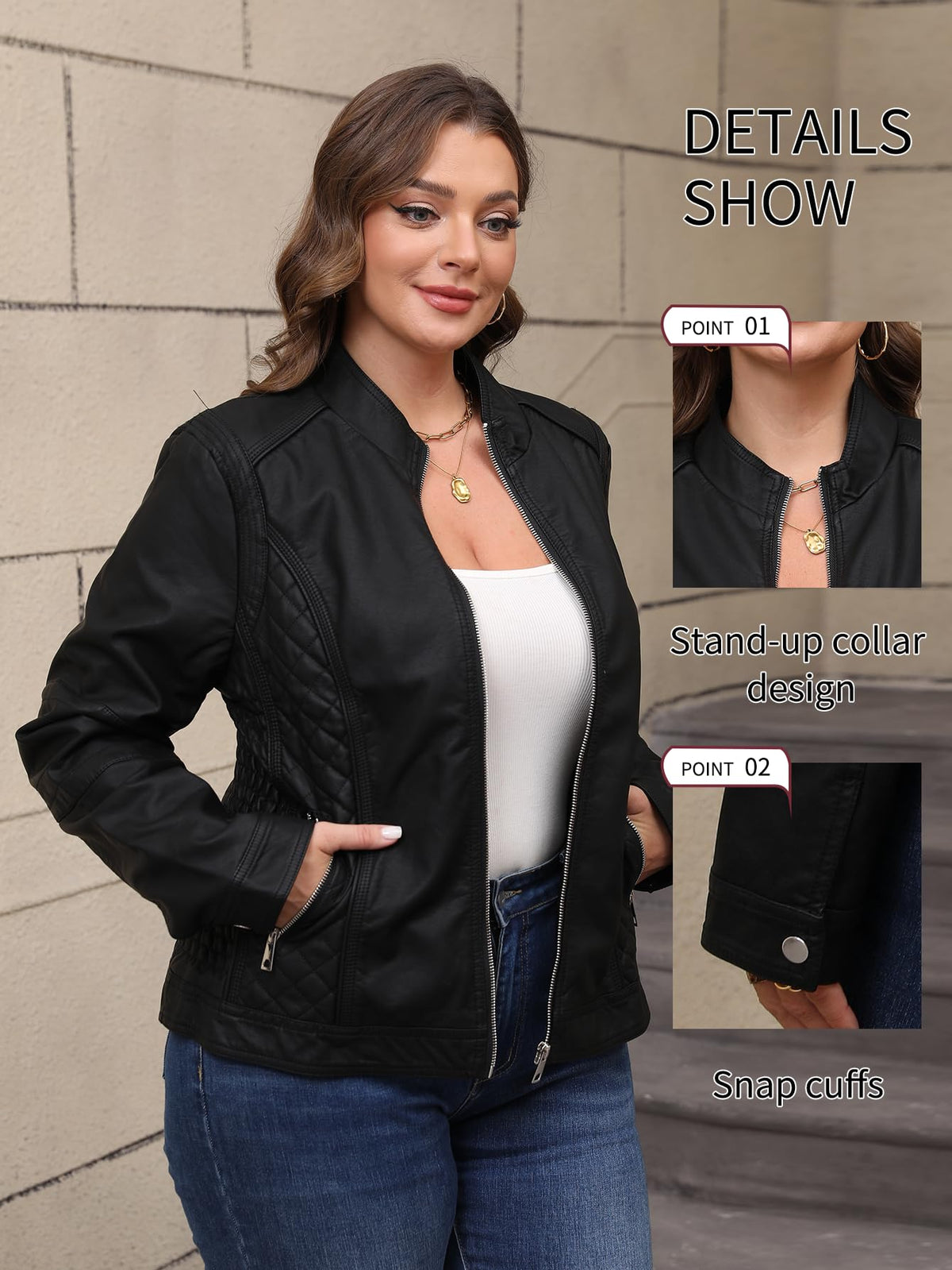 Bellivera Faux Leather Women Motorcycle Stand Collar Jacket Black-a L