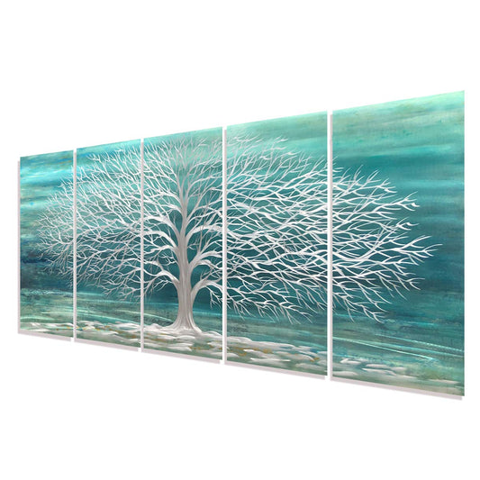 RICHSPACE ARTS Blue Green Metal Wall Art Silver Tree of Life 3d Artwork Extra Large Teal Sculpture Decor on Aluminum for Bedroom Living Room Kitchen Room Dining Room Walls Set of 5 Panels