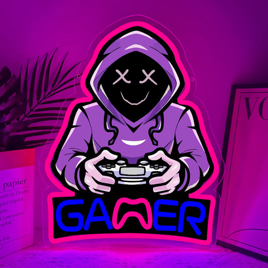 QEOICINH Gamer Neon Sign, Purple Hooded Gamer Neon Signs for Wall Decor,Gamer Room Decor for Boys, Teenage Boy Gifts, Gamer Gifts, Wall Light for Game Room, Man Cave