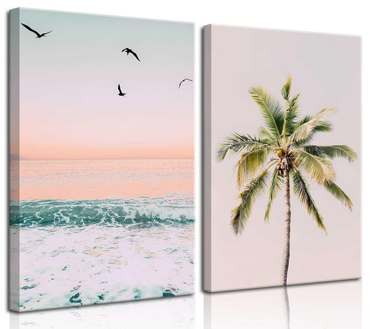 2Pcs Framed Pastel Beach Wall Art Tropical Palm Tree Canvas Posters Prints Coastal Ocean Wall Decor Pictures Summer Beach Theme Bedroom Living Room Decoration, 12x16 Inch