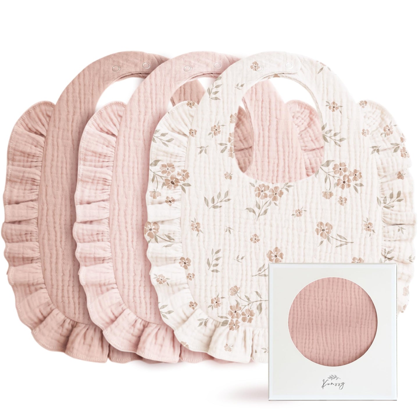 Konssy Muslin Baby Bibs for Girls – Soft 100% Cotton Drool Bibs, Ruffle Trim for Newborns & Toddlers 0-36 Months 3-Pack