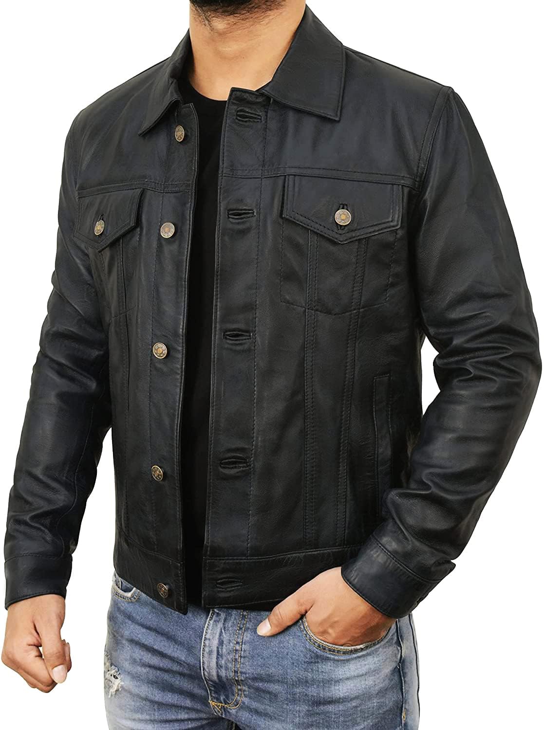STOREJEES Mens Trucker Jacket - Chaqueta De Cuero Para Hombre | Trucker Black - L